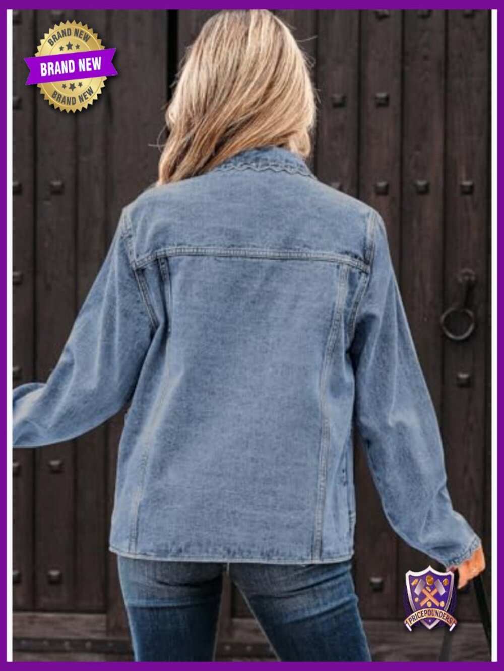 Women's Denim Jacket Long Sleeve Button Down Ruffled Shacket - Picture 2 of 7